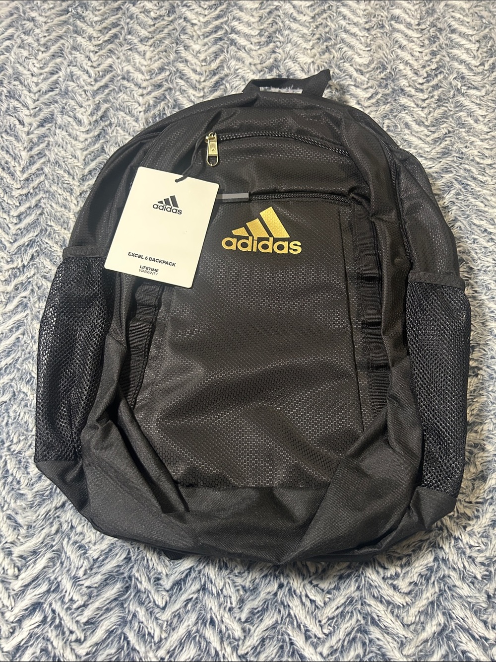 Adidas Excel 6 Black Backpack with Gold Metallic Logo Accent